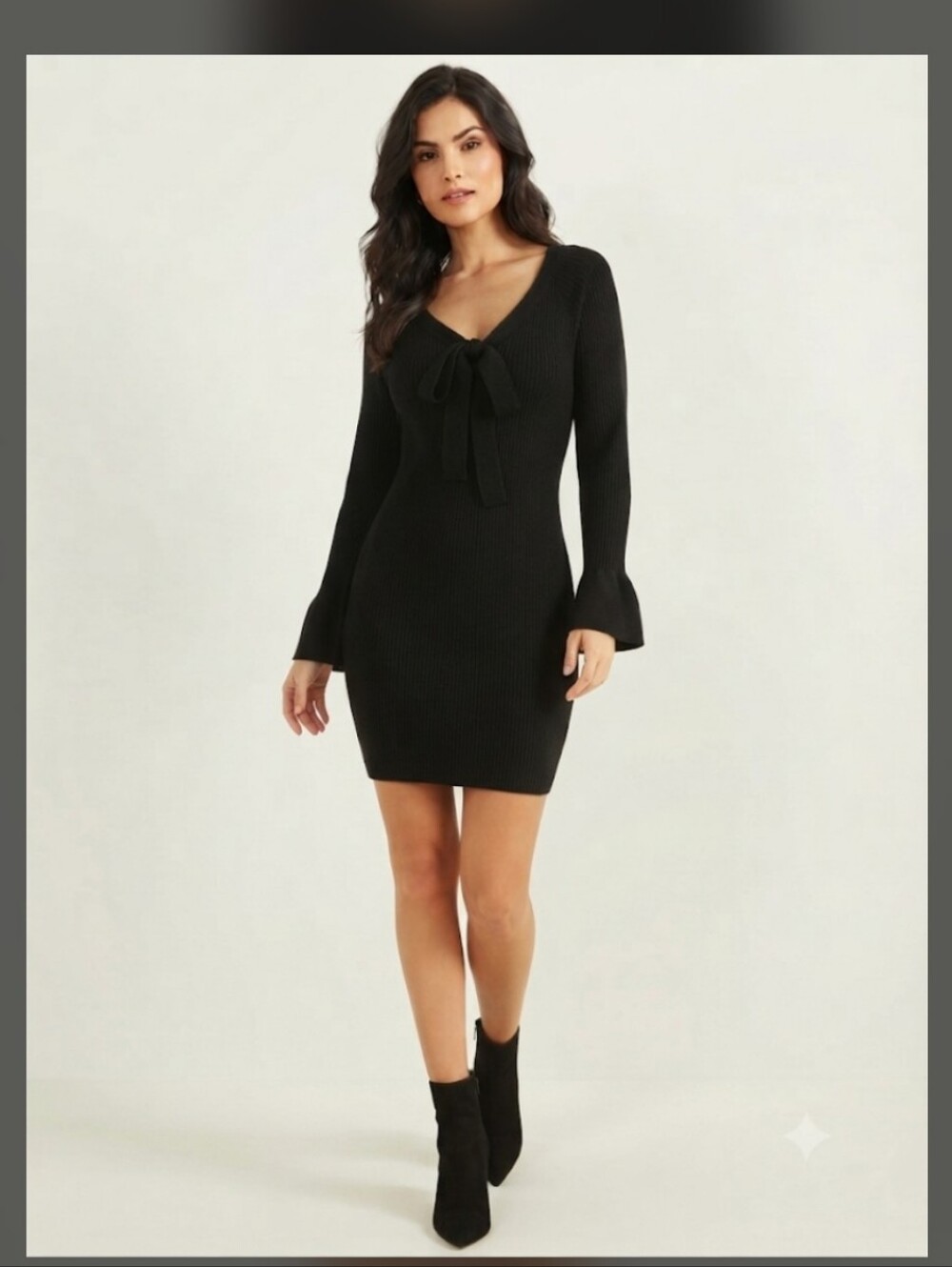 Black Tie-Front Rib Knit Dress
